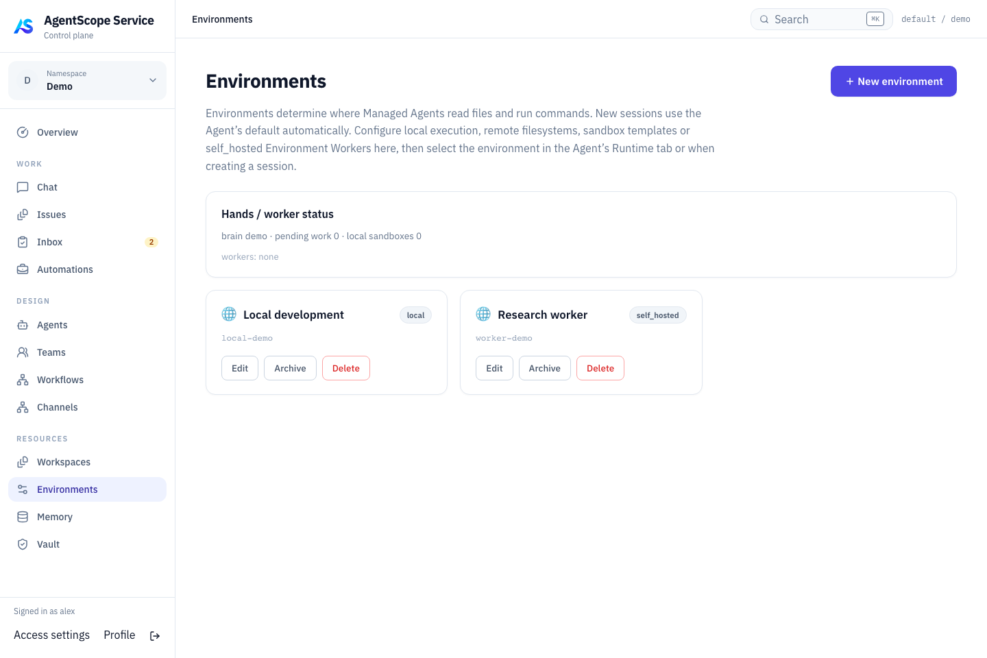 Local 与 self_hosted Environment 示例